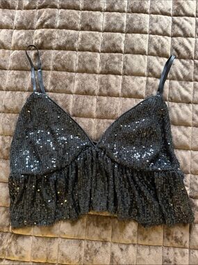 Garage Black Sequin Ruffle Crop Cami
